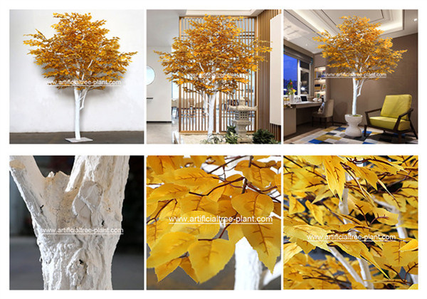 Bleach White Trunk Silk Cloth Leaves Artificial Evergreen Trees For Home Decoration