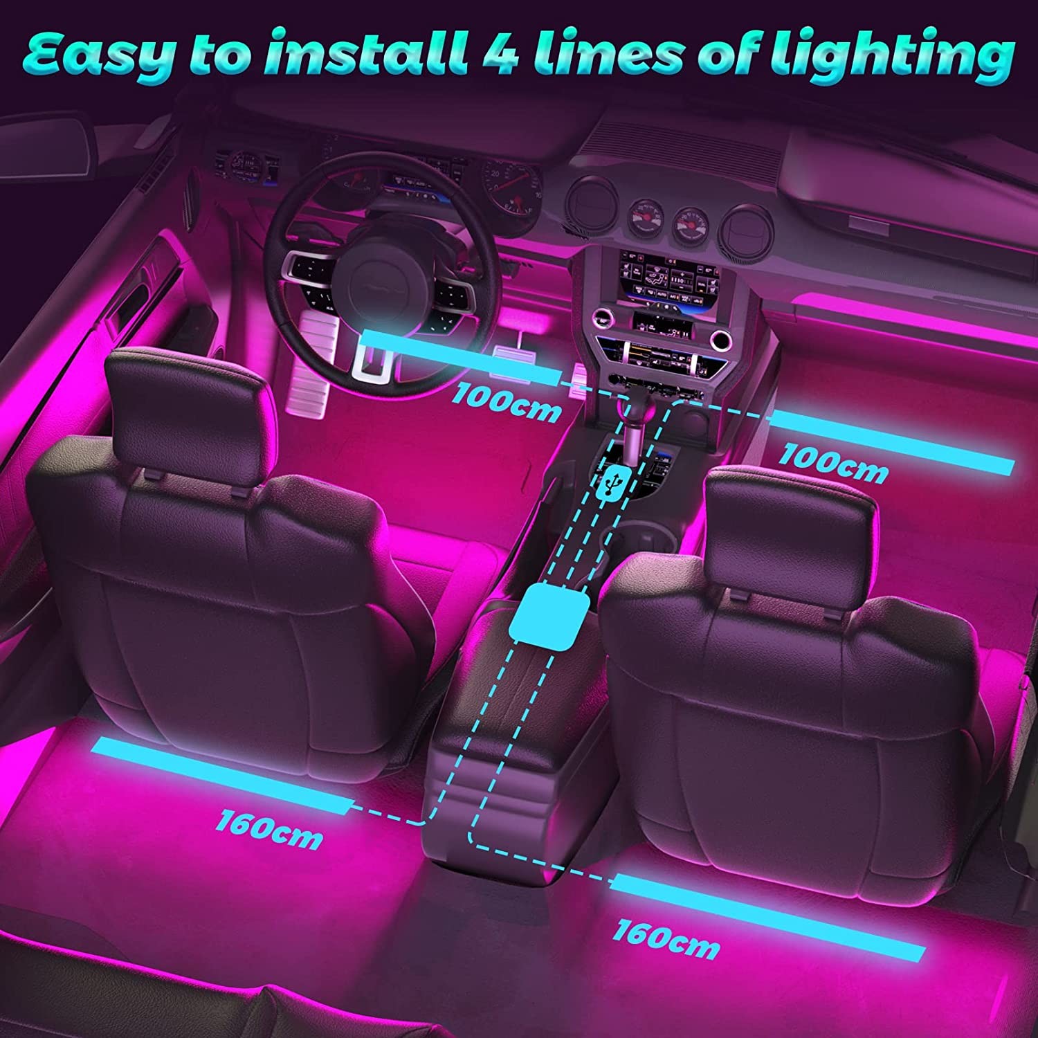 4 Pcs 48 Led Strip Car Interior Atmosphere Lights IP65 With USB Port APP Control