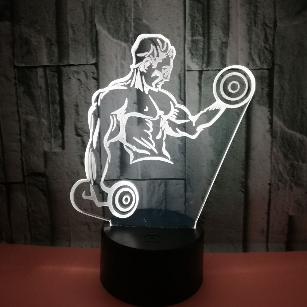 Hot muscle man 3D night light Dumbbell fitness colorful touch remote control LED visual light Gift 3D table lamp