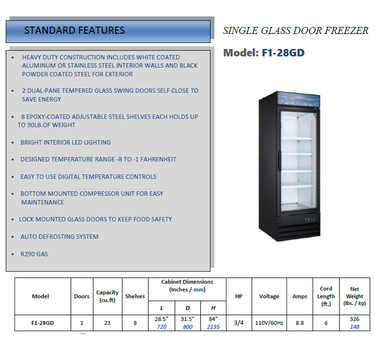 4 Shelves Glass Door Merchandisers R290 GAS Upright Showcase Fridge