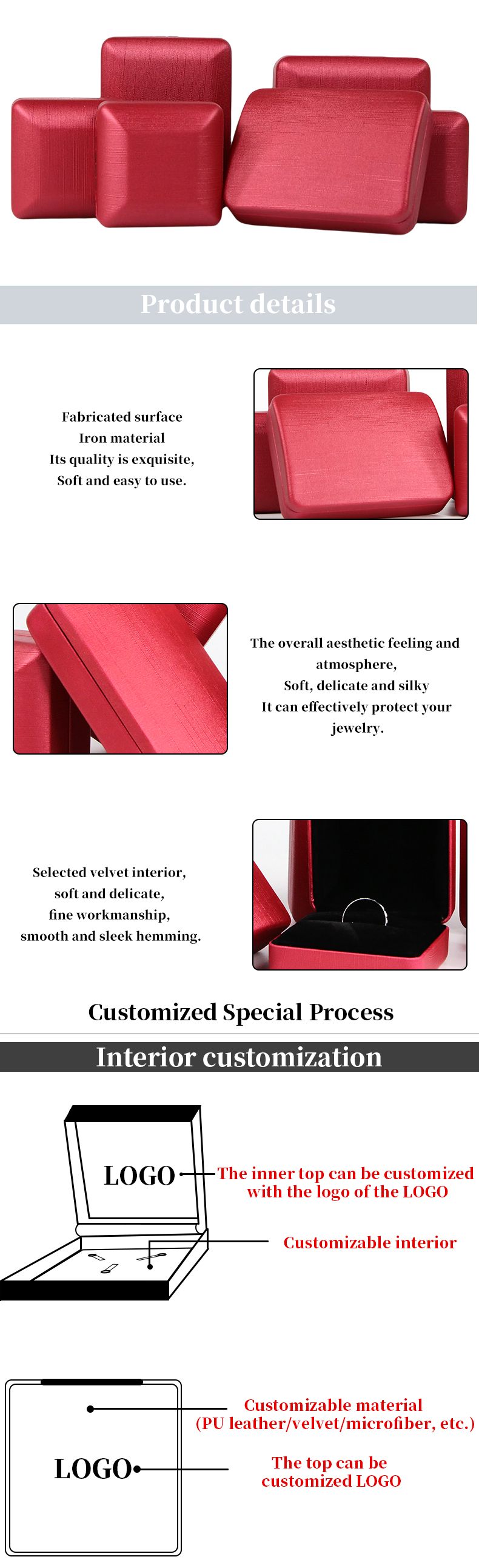 Red PU Leather Jewelry Box for Rings and Sets Customized Hanhong Design Iron Material