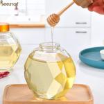 380ML Glass Honey Hexagon Jar With Wooden Cover And Wooden Splash Bar
