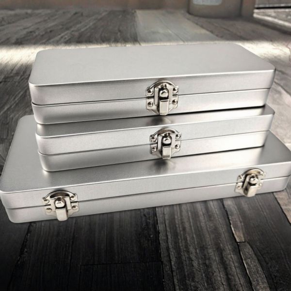 Stationery Rectangular Silver Tin Box Hinged Lid Metal Pencil Box With Embossing Iron Craft