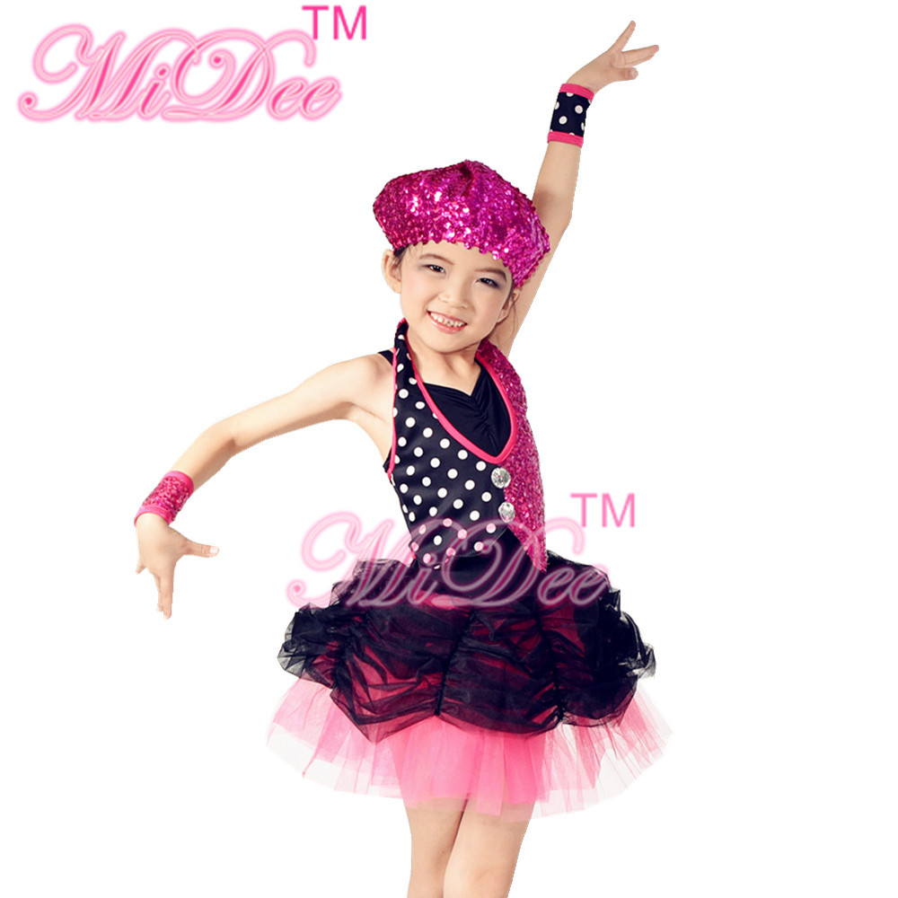 Black Polka Dots Hot Pink Sequin Glitter Dress Dance Costumes For Kids