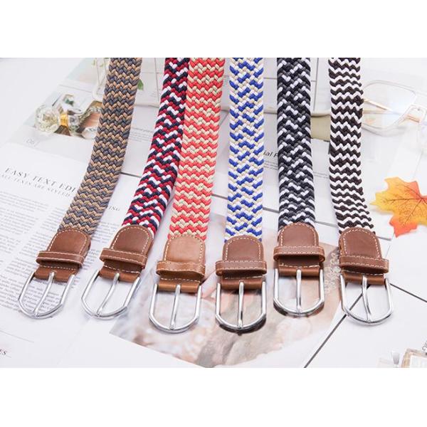 Coffee Polyester/ Leather Elastic Stretch Belts With Leather Tip / Buckle Part