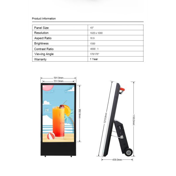 Portable 43-Inch High Brightness IP65 Waterproof LCD Display Battery Operated Digital Poster for Outdoor Advertising