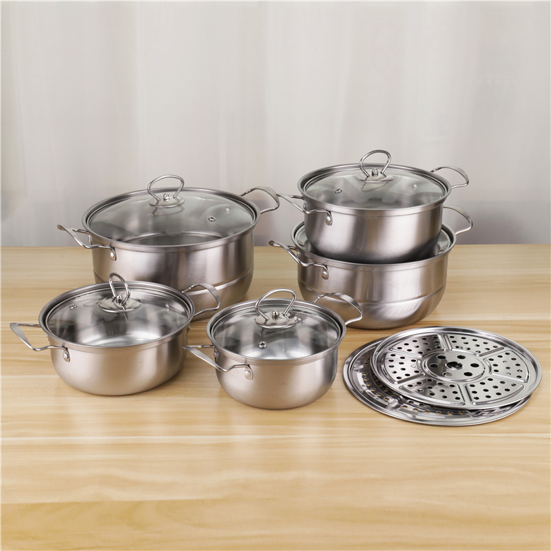Stainless Steel Kitchenware 12pcs Cookware Set 16/18/20/22/24cm Soup Pot Food Cooking