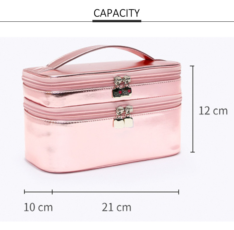 Multifunctional Shiny Rose Gold PU Double Layer Cosmetic Bag