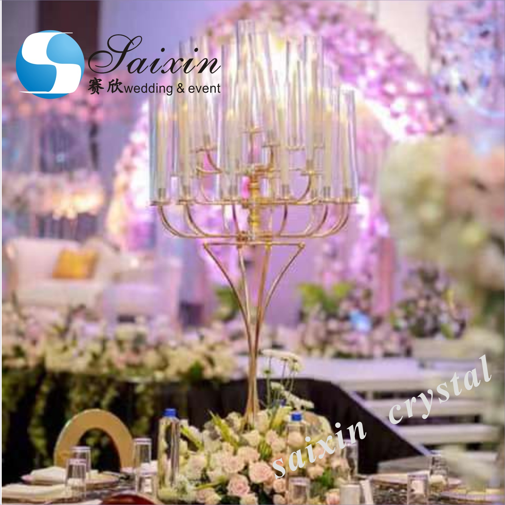 ZT-361 Decoration international 25 arms wedding metal candelabra with glass cylinder