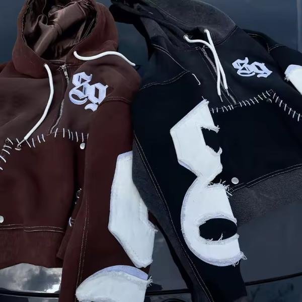 Custom Reverse Embroidery Logo Streetwear Pullover Vintage Half Zipper Acid Wash Distressed Flared Sweatpants Hoodie Set