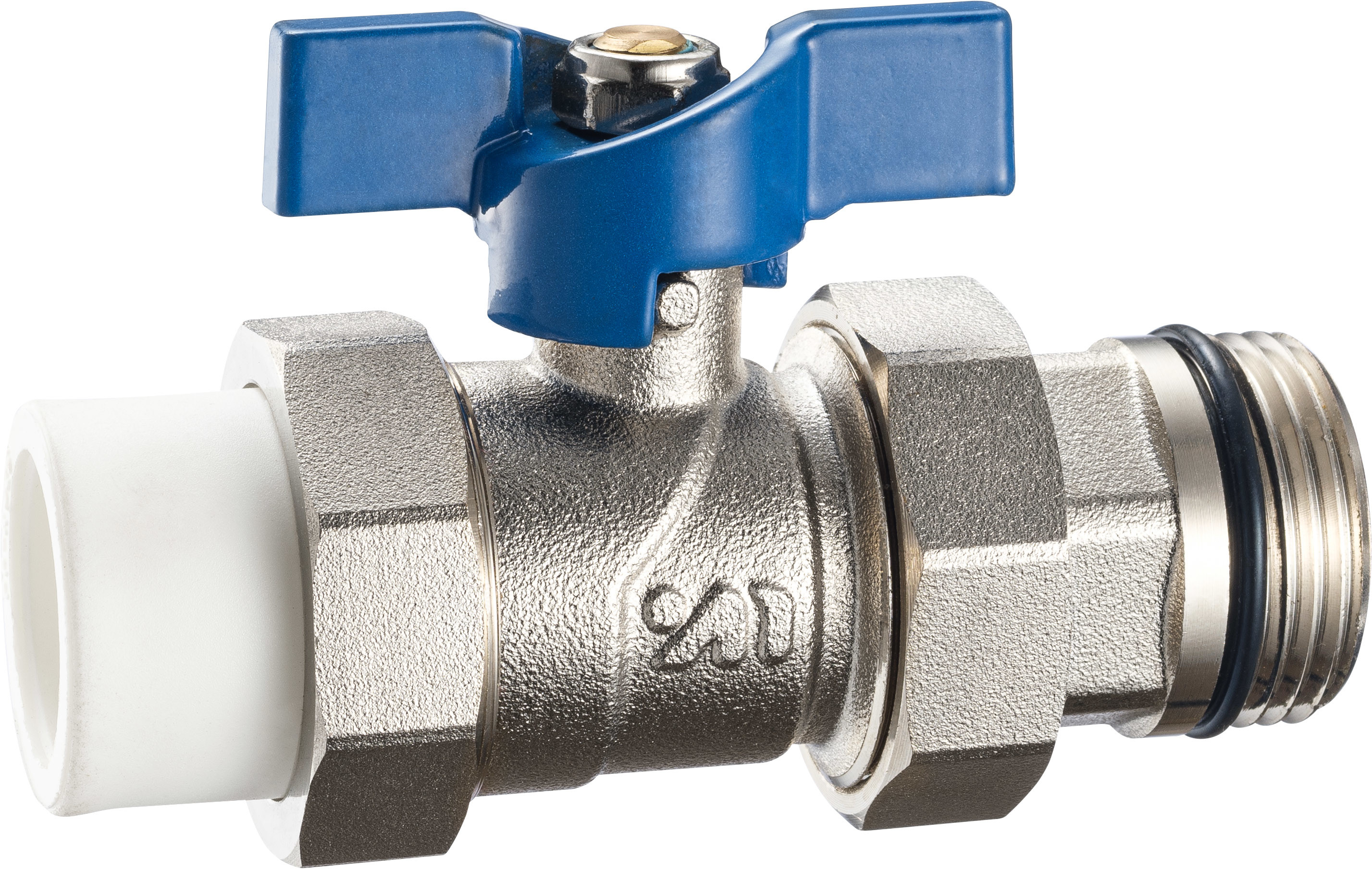 3604 3618 Nickel Plated Straight Type Brass Ball Valve with Blue Aluminum Butterfly Handle for PP-R pipe connection