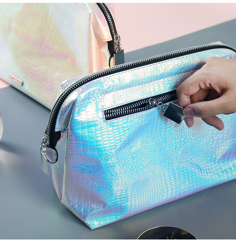 Portable Zippered PU Leather Holographic Cosmetic Bag