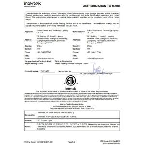 Fulton Science and Technology Lighting Co., Ltd. Certifications