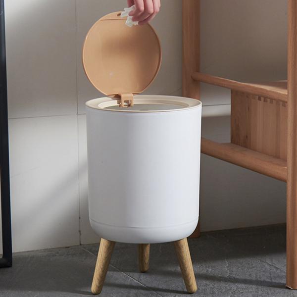 Wood Grain Round Household Desktop Mini Simple Large-capacity Wastepaper Basket Plastic High-footed Trash Can