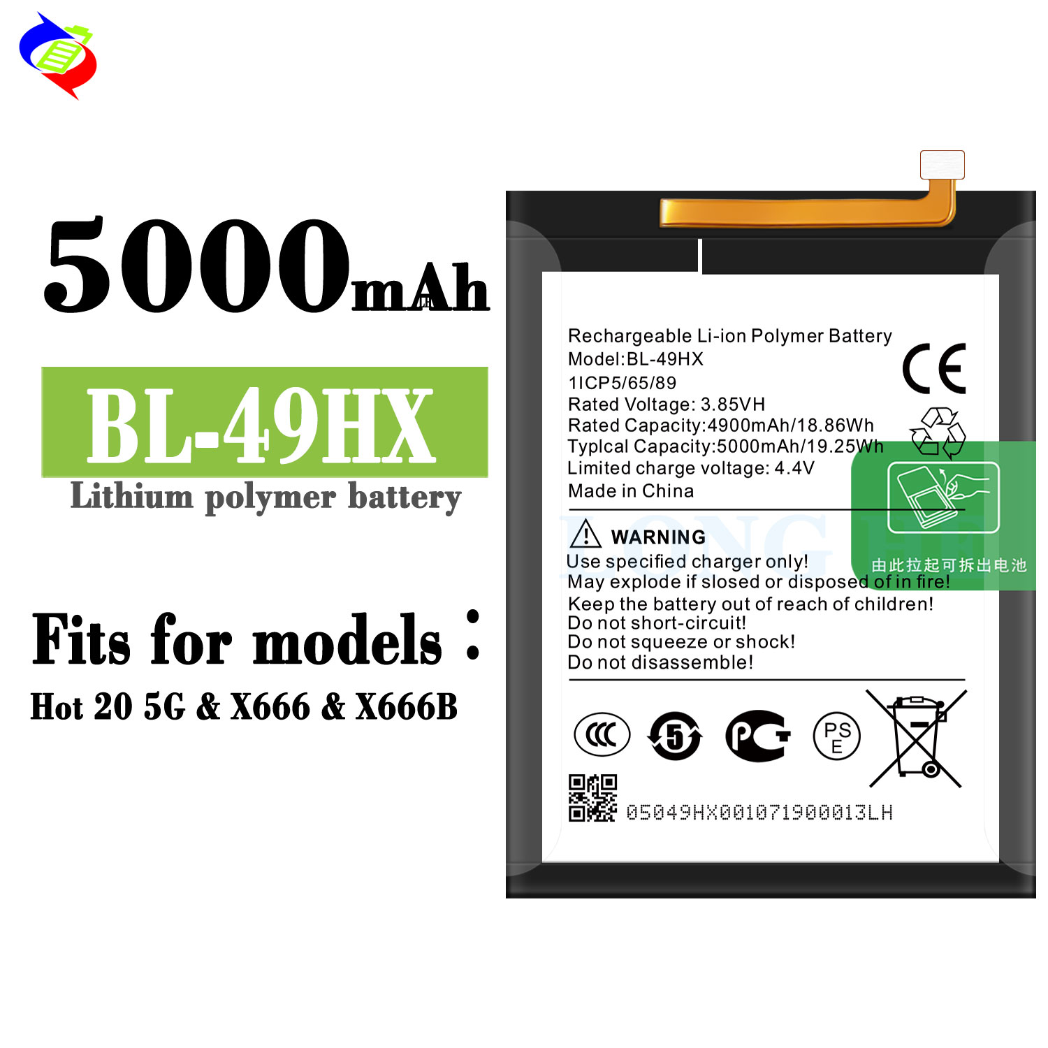 BL-49HX 100% Original Lithium Polymer Battery for Infinix Hot 20 5G/X666 Mobile Phone