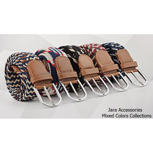Coffee Polyester/ Leather Elastic Stretch Belts With Leather Tip / Buckle Part