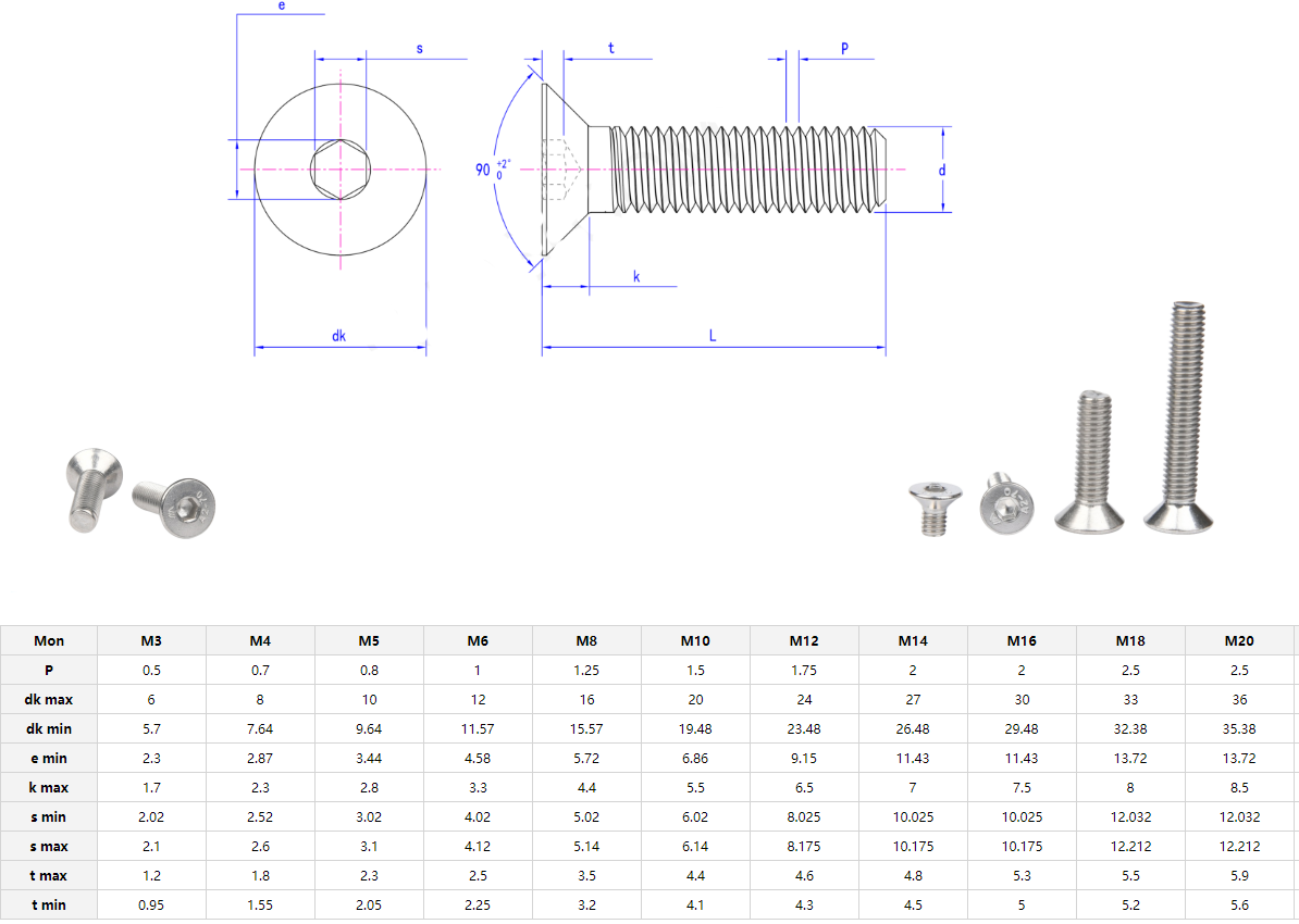 Stainless Steel Hex Bolt Countersunk Head Screw for Construction Projects M1.6 M2 M2.5 M3 M4 M5 M6 M8 M10 M12 M14 M16 M20