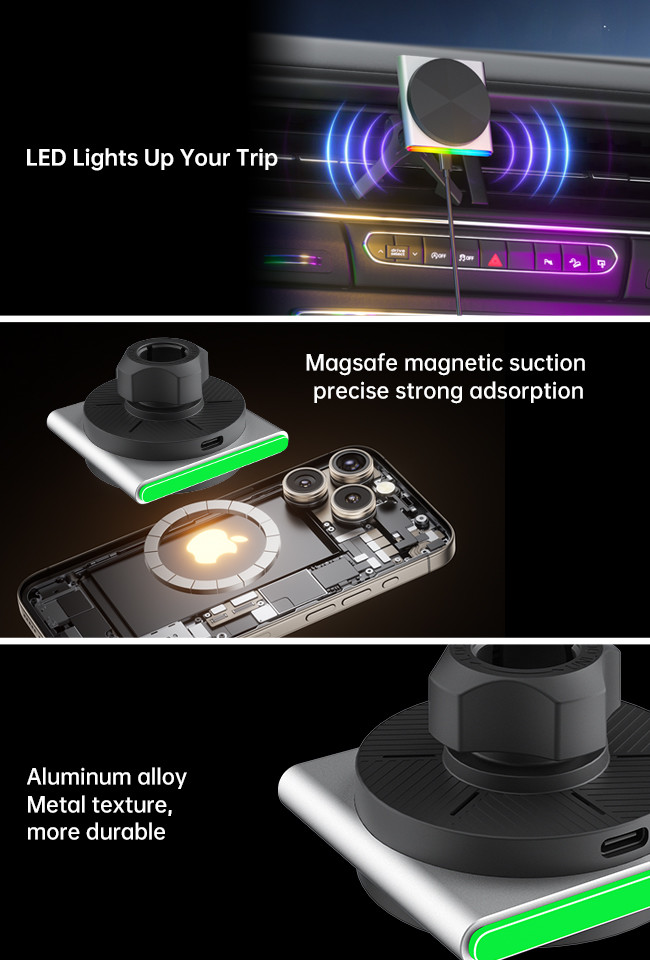 Iphone Charger Stand Metal Material 9-Color RGB Light Effect Wireless Car Mounted Fast Charging Ultra-Thin Design