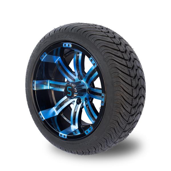 225/30-14 DOT 14 Inch Golf Cart Wheel And Tire Combo Blue / Glossy Black Wheels