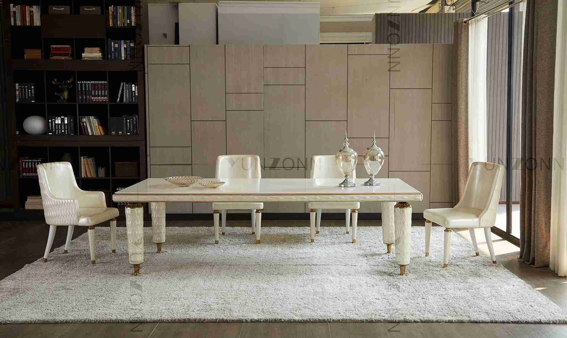 Embroidery Leather Cover Luxury Modern Dining Tables White Tempered Glass Top Stainless Steel Frame For Home