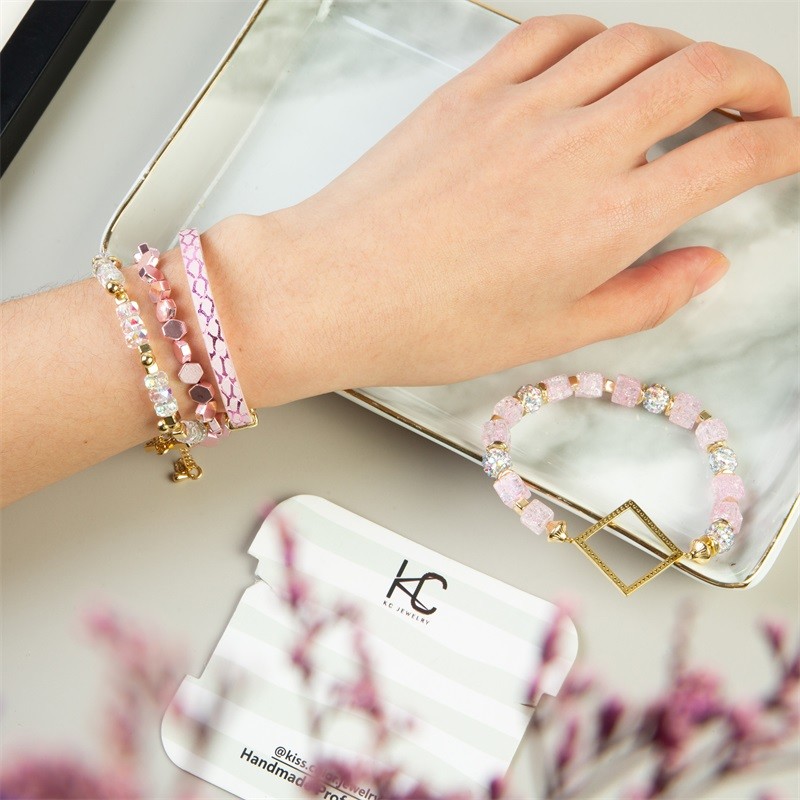 Boho Style Shiny Pink Multi Layer Stackable Bracelet Set 6.5" For Women
