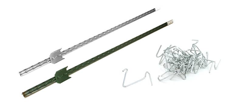 a galvanized and a green PVC coated studded T posts with some silver clips