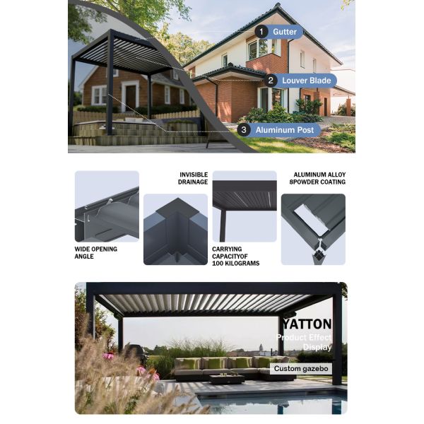 YATTON High Quality Environmental Friendly Waterproof & Windproof Durable Aluminum Pavilion Pergola & Garden Gazebo