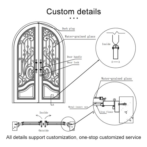 Modern Villa Residential Main Entrance Exterior Glass Steel Wrought Iron Pivot Doors Front Entry Doors