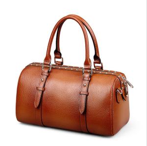Wholesale Genuine Leather Boston Bags for Women Brown Pillow Vintage Bags with Rivet Interior Slot Pocket from china suppliers