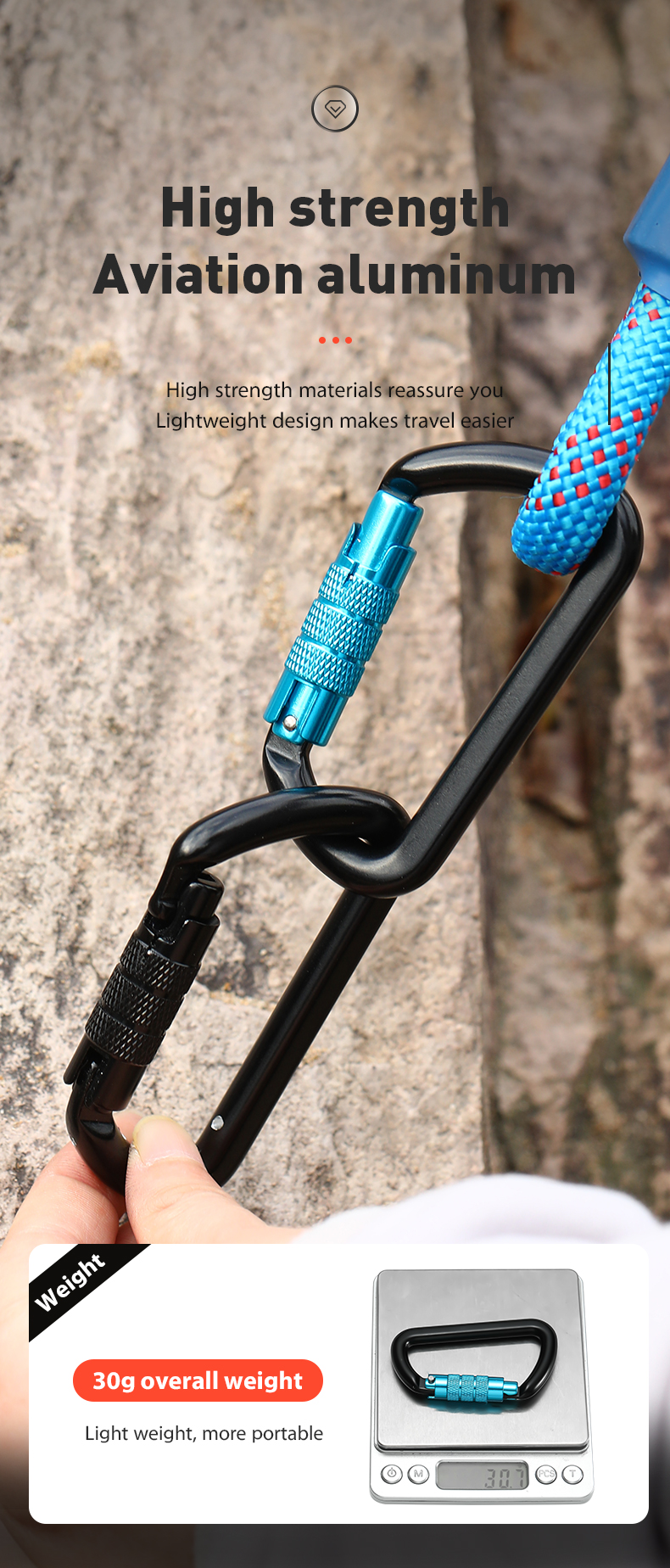 Aluminum D-Shaped Spring Snap Hook Climbing Carabiner for Outdoor Activities and Hiking
