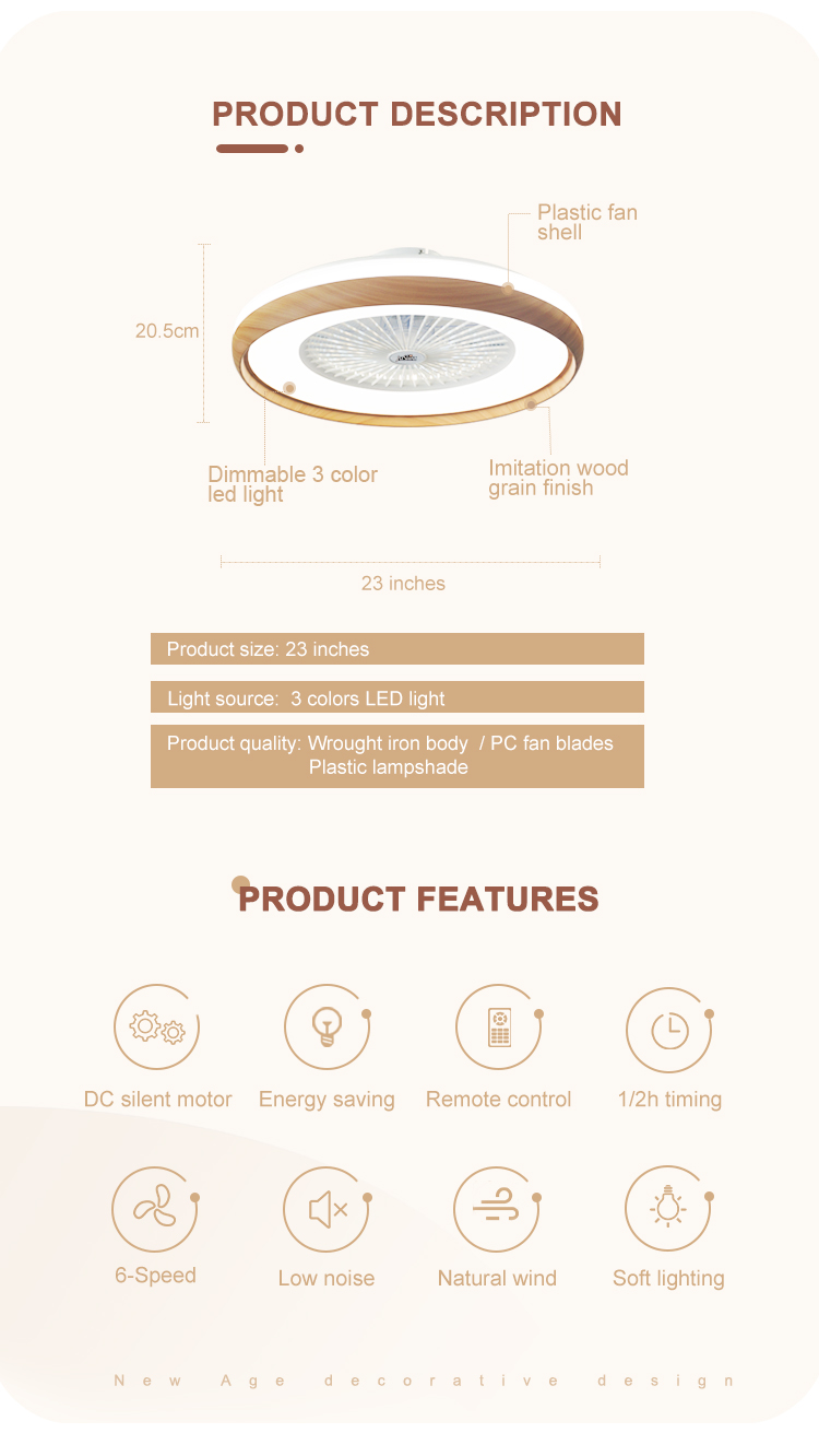 23 Inch/OEM Modern Design LED Ceiling Fan with DC Motor and Remote Control