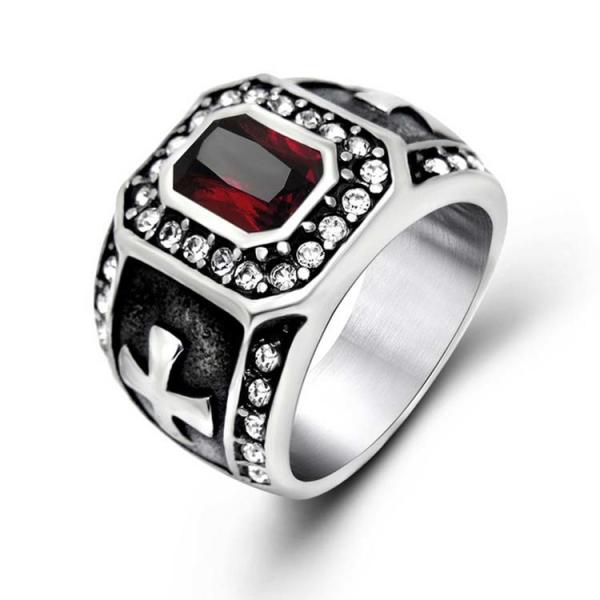 Vintage Inlay Mens Gothic Stainless Steel Band Ring with RED Cubic Zircon