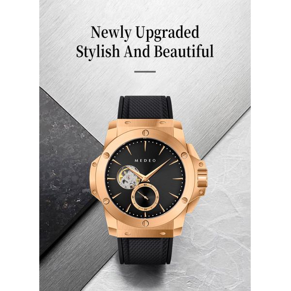 Luxury rose gold automatic watch showcasing a precision open-heart mechanical dial and textured black strap.