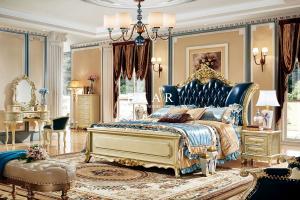 Wholesale Luxury Classic Design Wooden Carved Upholstered Leather King Size Bed from china suppliers