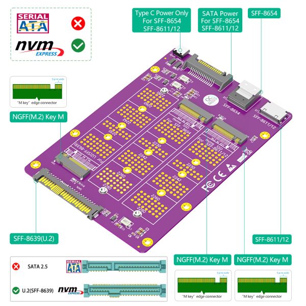 M.2 NVMe to SFF-8611/8654/U.2 Adapter 6Gb/s Bandwidth