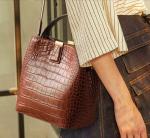 Brown Crocodile Embossed Leather Handbags One Shoulder Retro Bucket Bag