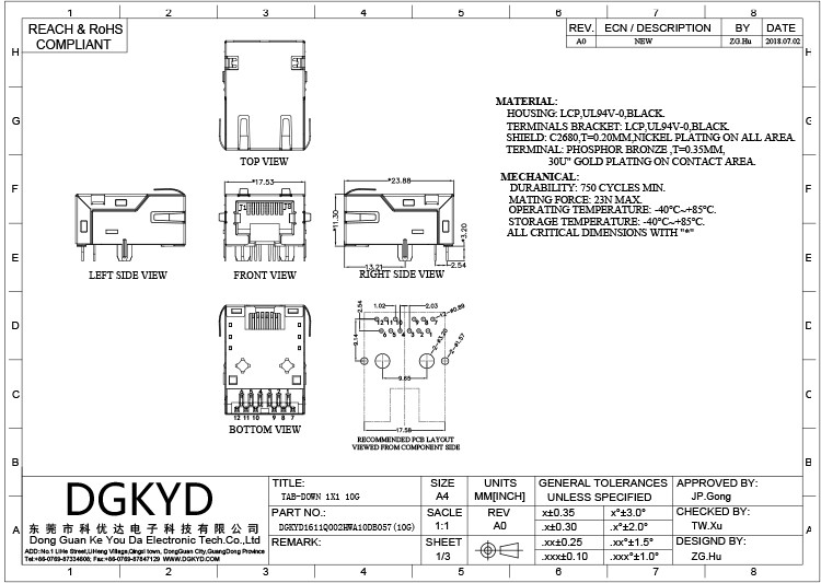 DGKYD1611Q002HWA10DB057(10G) 10G Network Filter 8P12C RJ45 Network Port Connector With Light