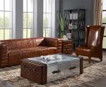 Aviator Vintage Table Metal Aluminium Brown Real Leather 2 Drawer Coffee Table