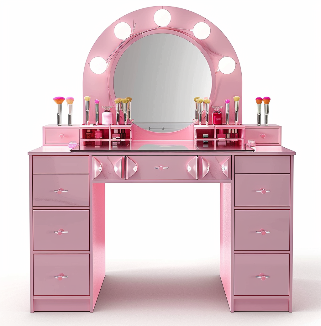 Bedroom Makeup Sets LED Lighted Mirror Vanity Table With Drawers And Storage Shelves Adjustable In Pink