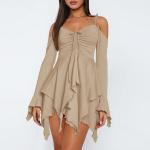 Dating Solid Halterneck Dress Classic Ruffle Rrim Casual Dress For Ladies