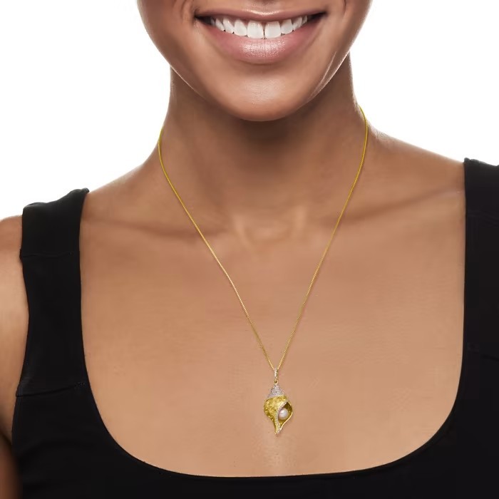 6mm Cultured Pearl White Topaz Seashell Pendant Necklace in 18kt Gold Over Sterling