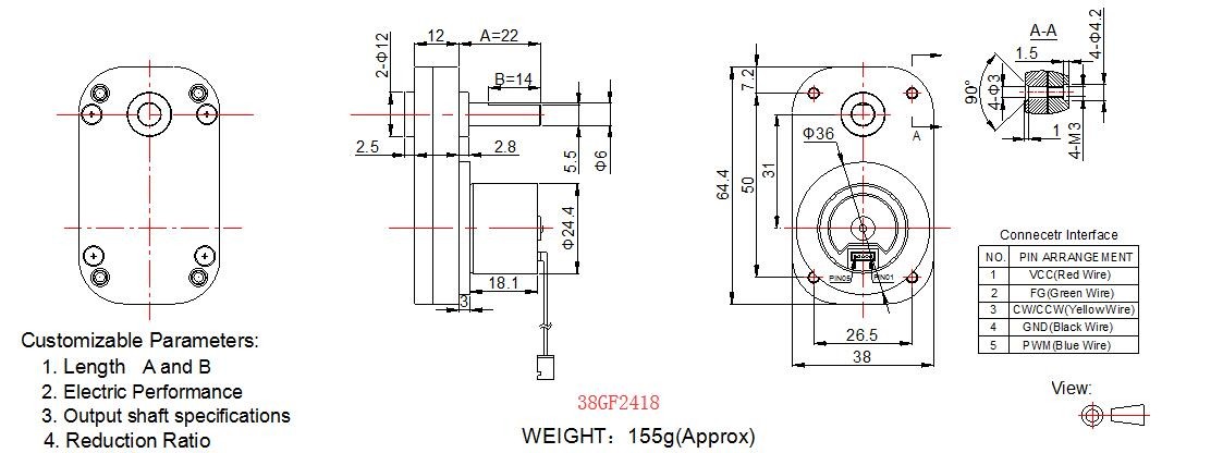 38GF2418 Small Brushless DC Motor , L Shape Spur Gearbox 12v Brushless Motor