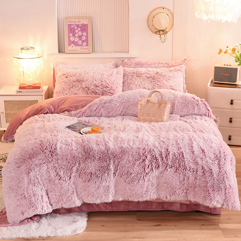 4 Pieces Solid Color All-Season Faux Fur Velvet Fluffy Plush Soft Bedding Set for Girls