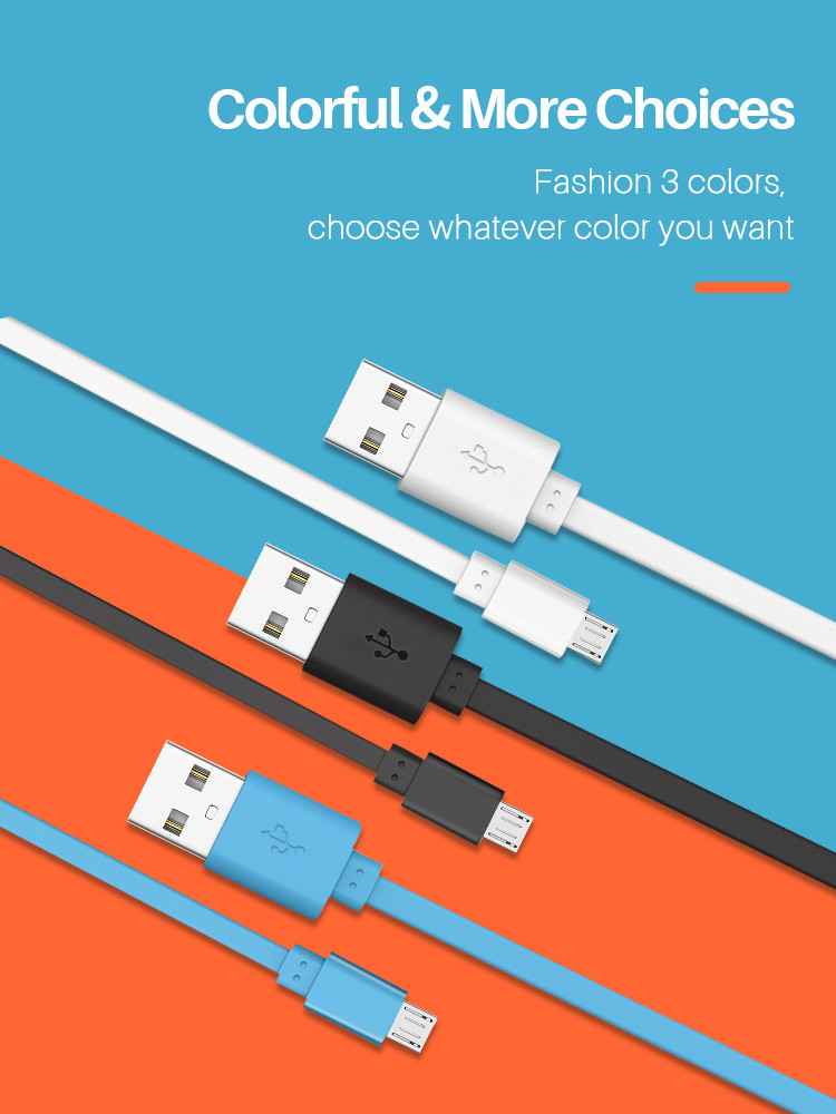 1M 2.4A Micro USB Data Transfer Cable Flat USB Charging Cable