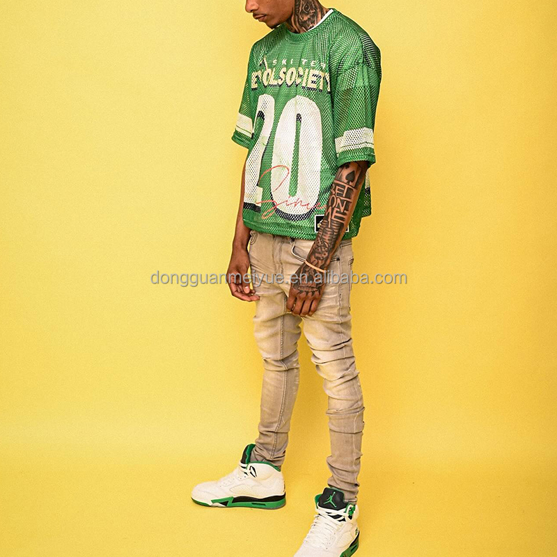Streetwear Men's Patchwork Mesh Tee Quick Dry Polyester Embroidered Patch Top Sublimation Jersey Mesh Applique T Shirt for Men
