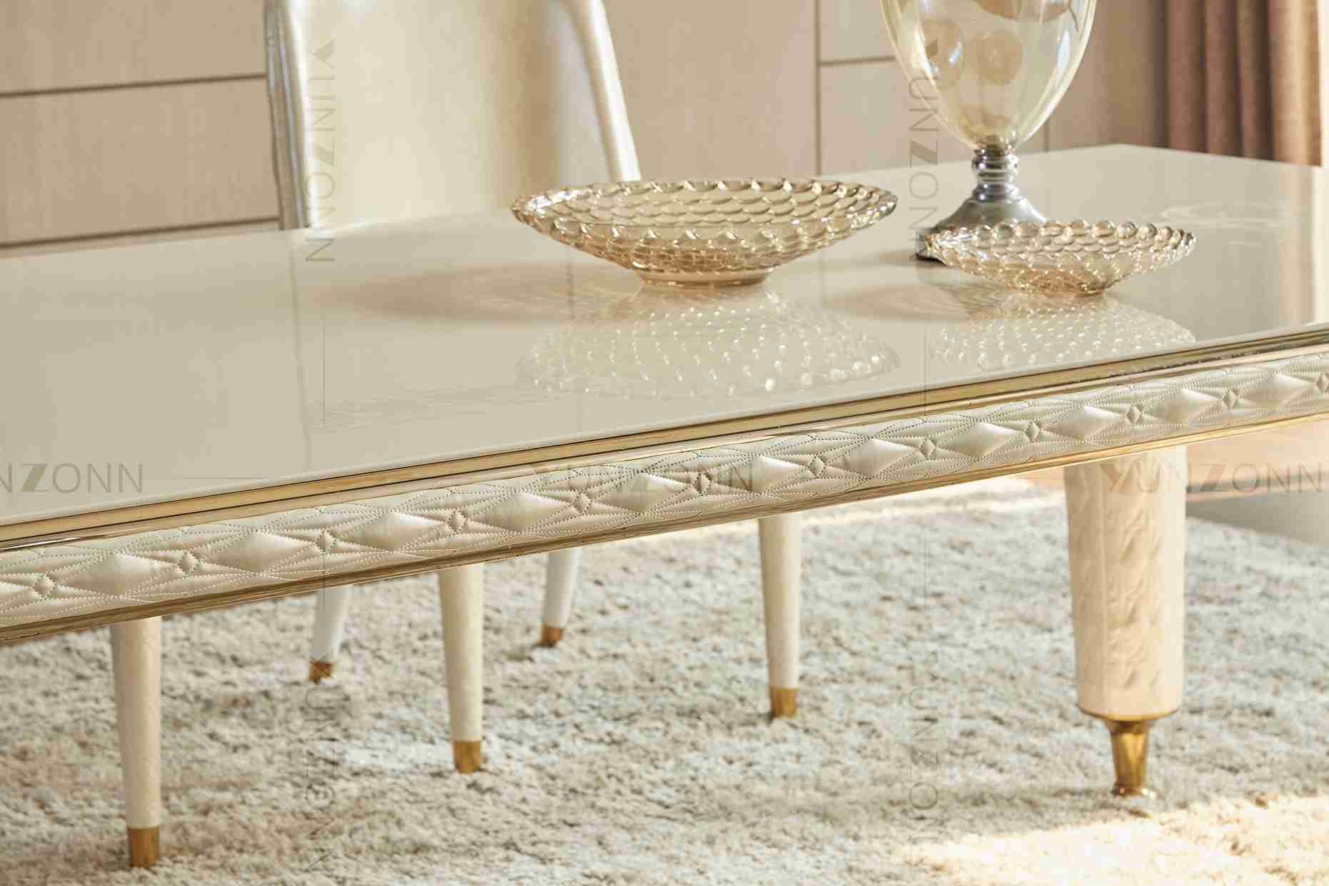Embroidery Leather Cover Luxury Modern Dining Tables White Tempered Glass Top Stainless Steel Frame For Home