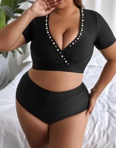 Wholesale Pearl Sexy Plus Size Swim Suits V Neck High Waist Bathing Suits For Curvy Women from china suppliers