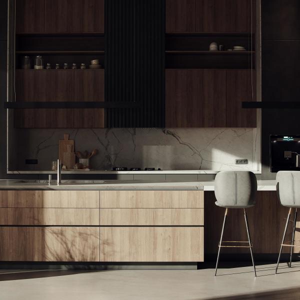 Customized Wooden Veneer And Matt Black Lacquer Modern Kitchen Cabinet Designs