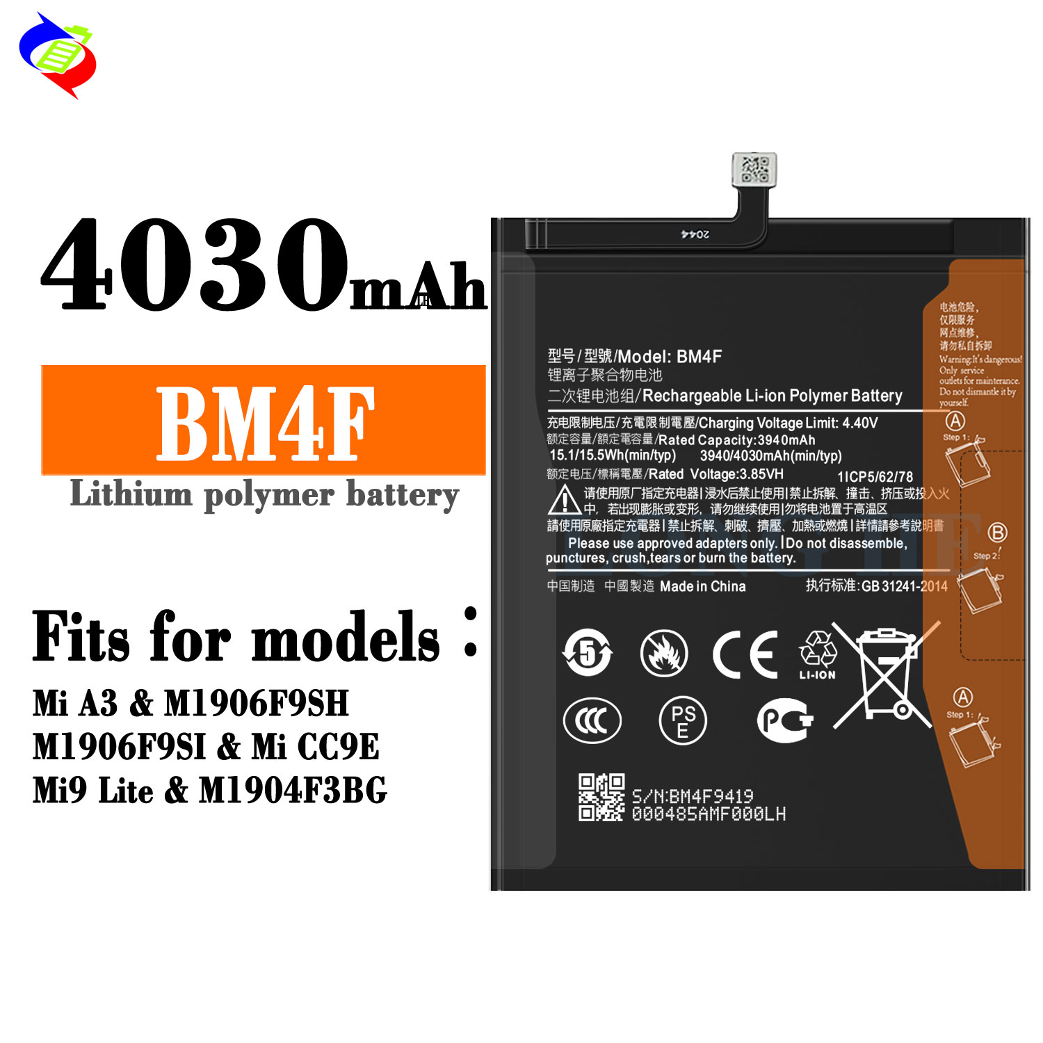 Original 1 1 BM4F Coding Replacement Battery for Xiaomi CC9E/Mi A3 4030mAh