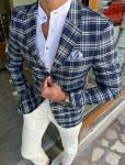 65% Viscose 32% Pes 3% Elastane Male Suit Jacket Dark Blue Plaid Blazer